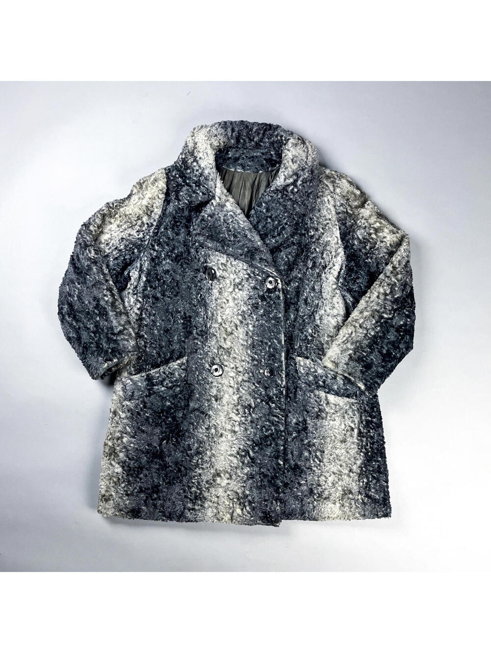 Vintage Faux Fur Coat | 60's Women's Double-Breasted Textured Grey Coat